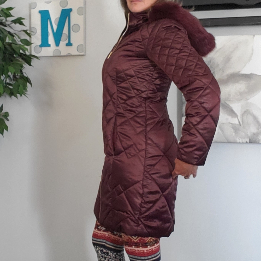 NWT ISAAC MIZRAHI burgundy faux fur puffer XXS - Picture 2 of 9